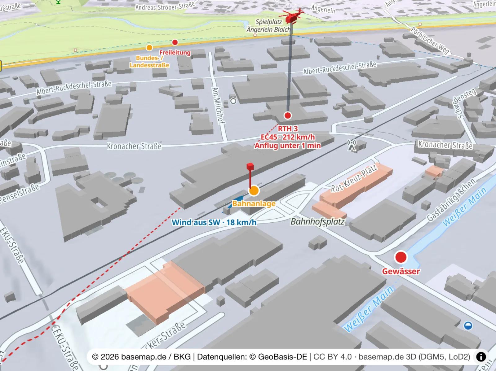 Anfliegender Rettungshubschrauber als 3D-Modell über der Einsatzstelle in TactixEMS
