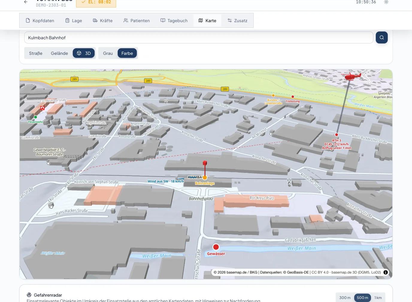 3D-Lagekarte der TactixEMS-App auf dem iPad im Querformat mit Einsatzstelle, Gelände und Gefahrenradar