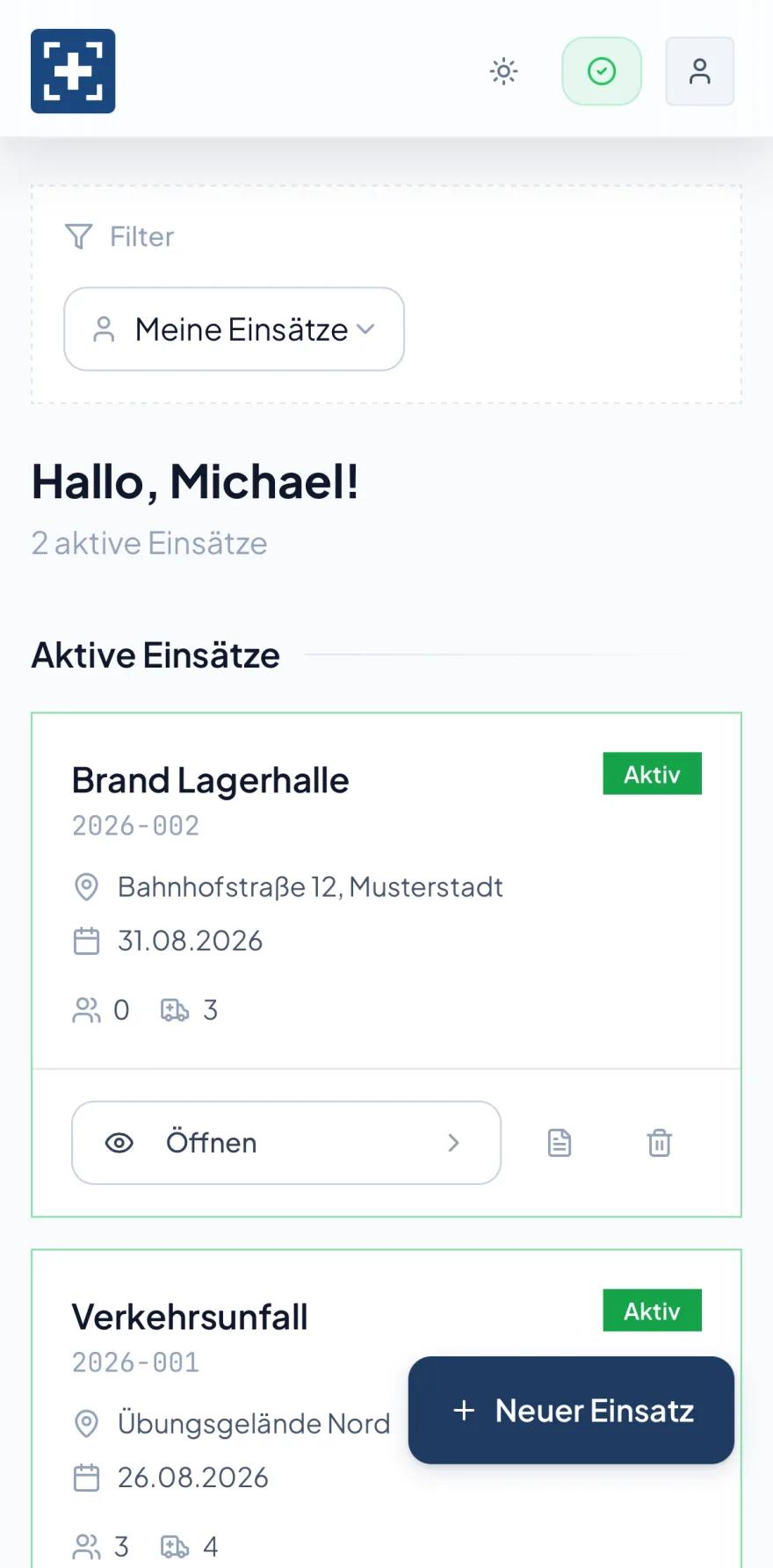 Einsatzübersicht der TactixEMS-App auf dem iPhone mit laufenden Einsätzen