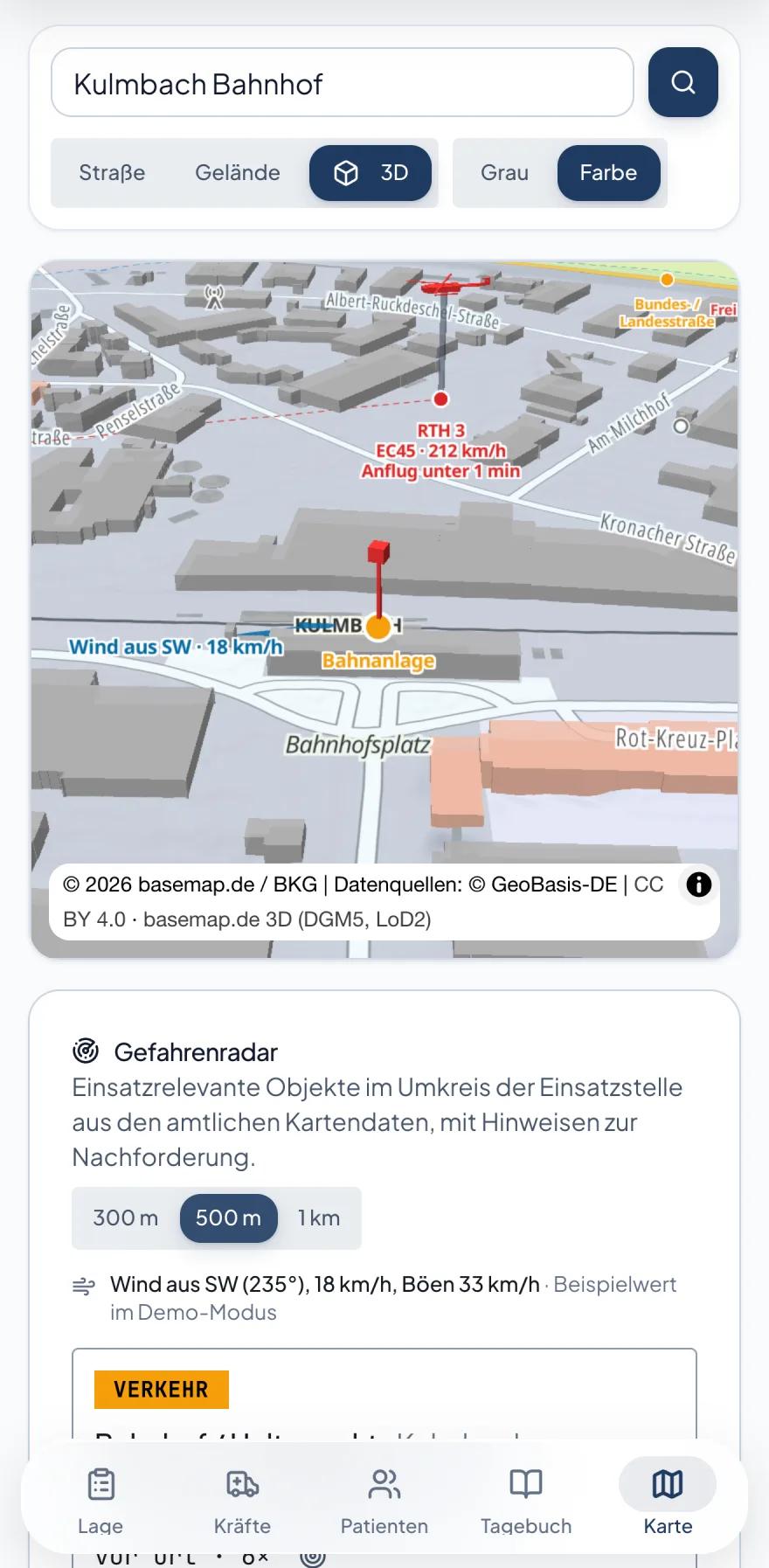 3D-Lagekarte der TactixEMS-App auf dem iPhone mit Einsatzstelle und Radarkreis