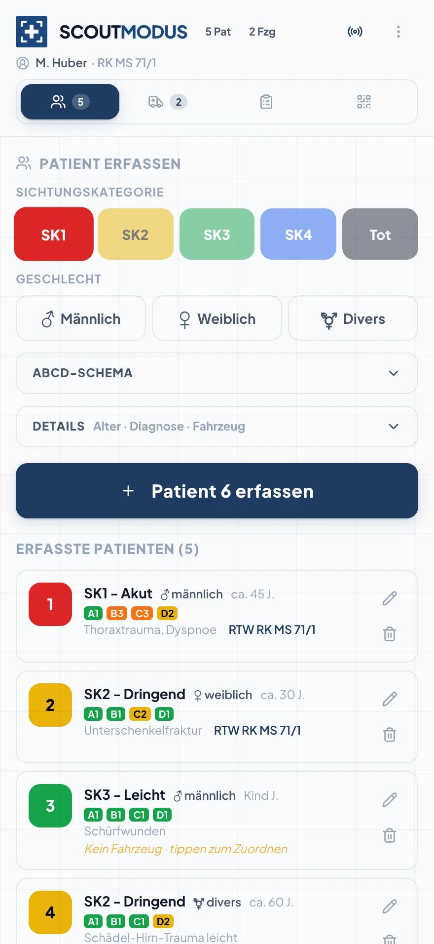 Scout-Modus von TactixEMS auf dem iPhone: Patientenerfassung mit Sichtungskategorien SK1 bis SK4 und Liste der gesichteten Patienten