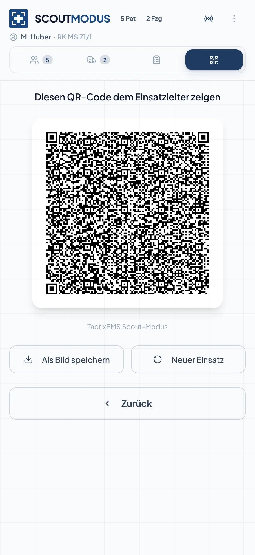 QR-Code im Scout-Modus von TactixEMS zur Übergabe der erfassten Daten an den Einsatzleiter